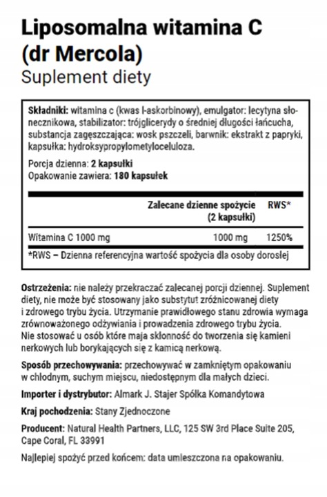 Dr Mercola Liposomalna Witamina C (180kaps)