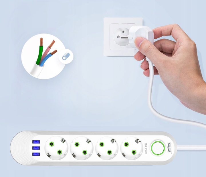 LISTWA ZASILAJĄCA ANTYPRZEPIĘCIOWA 4 GNIAZDA + 3XUSB PRZEDŁUŻACZ 3M