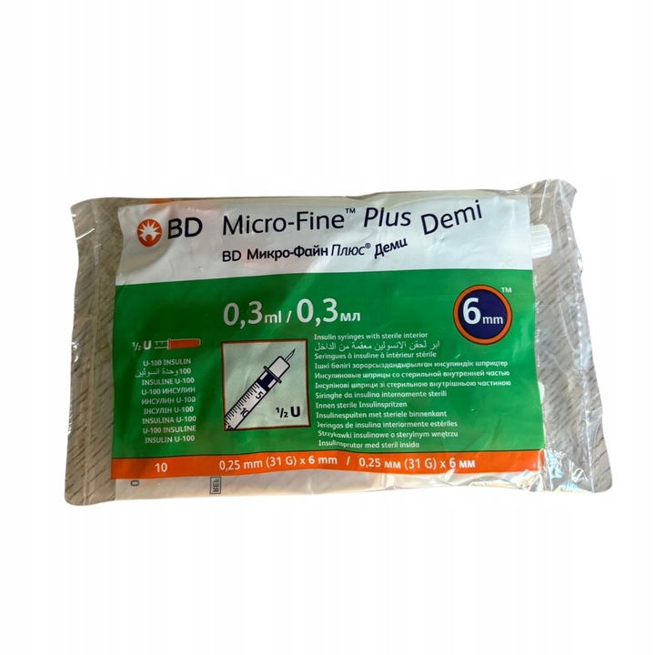 Strzykawki insulinowe 0,3 ml z igłą 6 mm BD Micro-Fine Plus Demi 100 szt.