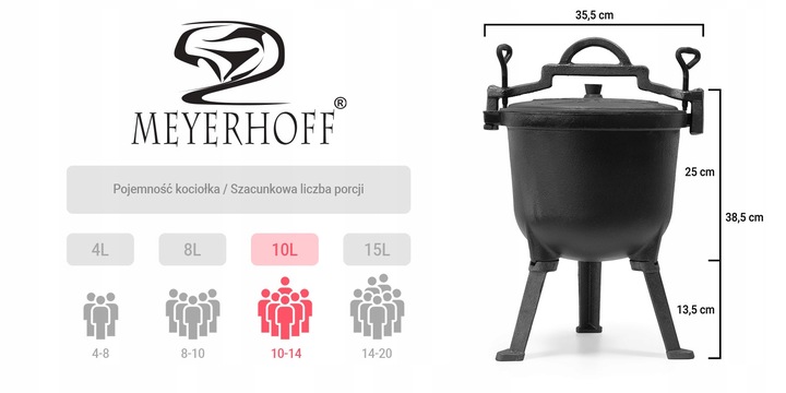 Kociołek ŻELIWNY emaliowany 10L Meyerhoff + GRATIS ŁYŻKA PRAŻONE