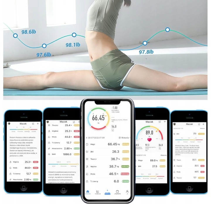 WAGA ŁAZIENKOWA BLUETOOTH SMART INTELIGENTNA ANALITYCZNA BMI DO 180KG