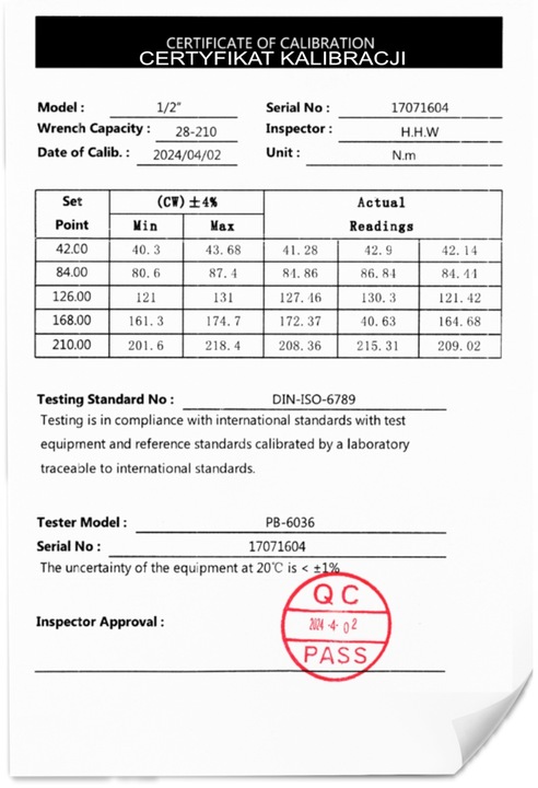 KLUCZ DYNAMOMETRYCZNY 1/2 28-210Nm CrMO & CrV do KÓŁ CERTYFIKAT KALIBRACJI