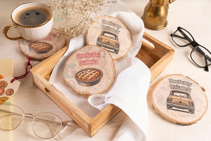 PREZENT NA DZIEŃ BABCI I DZIADKA zestaw z nadrukiem podkładki kawa herbata