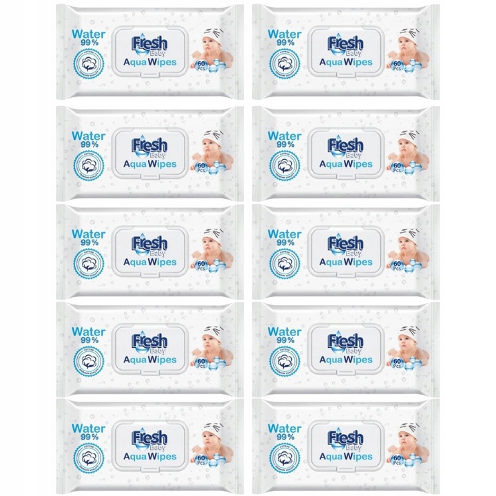 10x AQUA WIPES Nawilżane Chusteczki dla Dzieci Mokre 99% Pure Water 60 szt