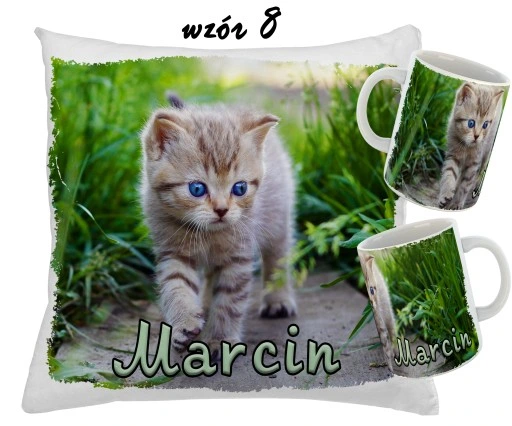 Zestaw KUBEK + PODUSZKA KOTY KOT + RÓŻNE WZORY + IMIĘ UNIKALNY WYJĄTKOWY