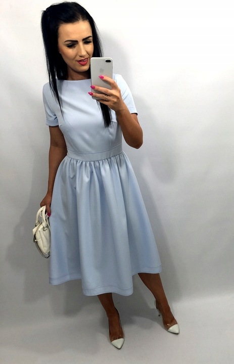 Sukienki Damskie Komunię Chrzciny Wesele Sukienka Elegancka Midi Błękit S