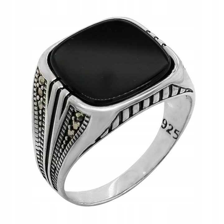 Sygnet srebrny pr. 925 Onyks Pierścień z Onyksem i Markazytami | r. 19