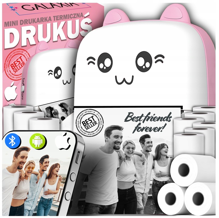 Mini Drukarka Termiczna DRUKUŚ ORYGINALNY Do Zdjęć Przenośna + 11 ROLEK