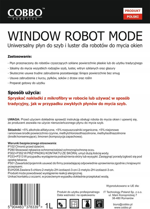 PŁYN DO ROBOTÓW DO MYCIA OKIEN 1L - COBBO Robotics