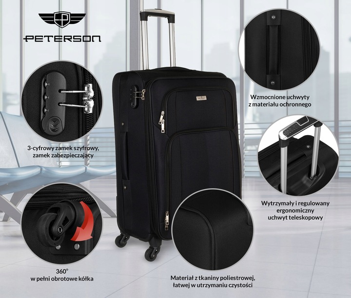 Walizka podróżna na kółkach miękka z kieszeniami średnia pojemna