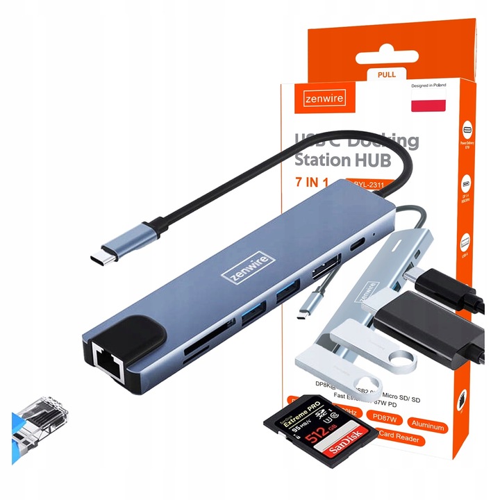 ADAPTER HUB 8w1 USB-C DisplayPort 8K 4K Ethernet RJ45 Macbook Pro Air M2 M3