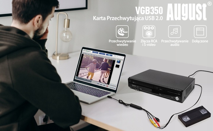 August VGB350 Video Grabber USB zgrywaj VHS na PC