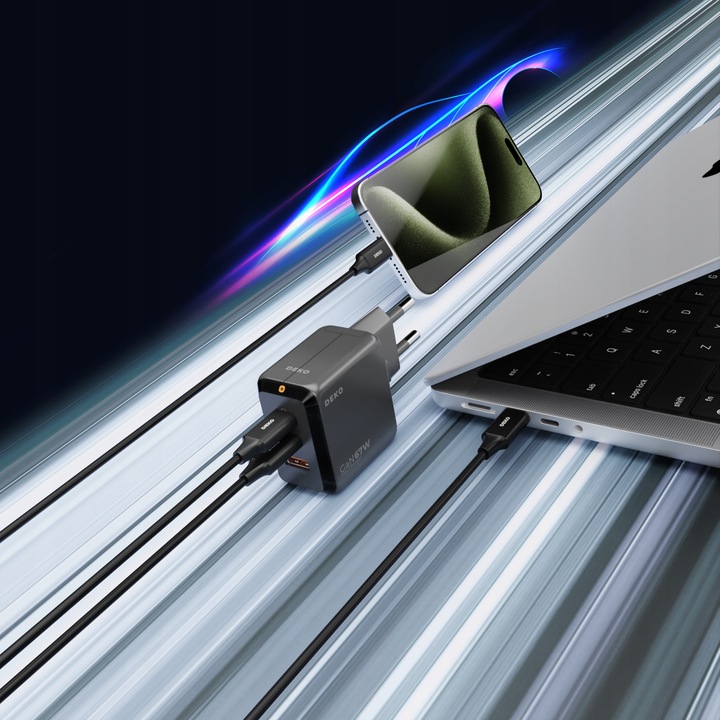 ŁADOWARKA USB C 3x USB 67W 65W TYP C UNIWERSALNA CZARNA + KABEL USB C 100W