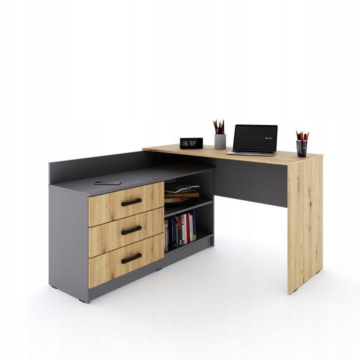 Funkcjonalne biurko narożne Omega - 3 szuflady - grafit / dąb artisan
