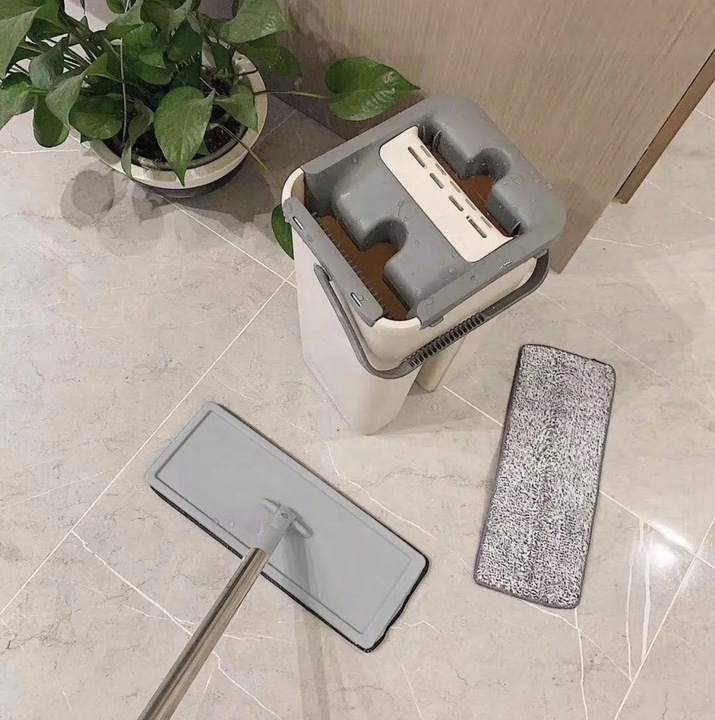 MOP PŁASKI Z WYCISKACZEM WIADREM DWUKOMOROWYM + WKŁADY MIKROFIBRA