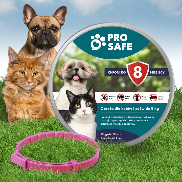 PRO SAFE Obroża na KLESZCZE PCHŁY psów kotów do 8kg ANTYKLESZCZOWA 38cm