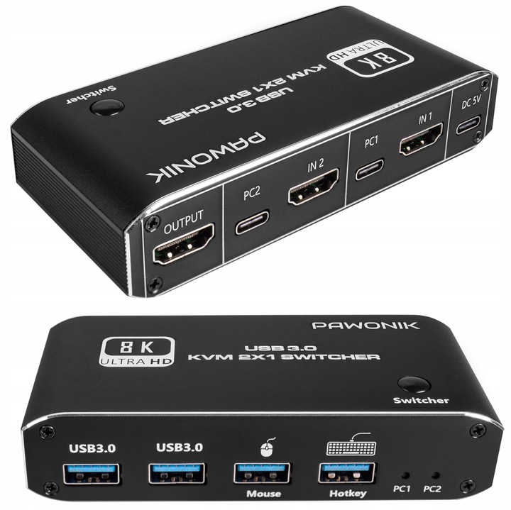 Przełącznik KVM HDMI 2.1 Konsola Switch 4K 120Hz 8K 2 4xUSB 3.0 2xPC 1Ekran