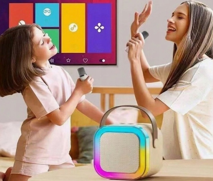 ZESTAW KARAOKE PRZENOŚNY GŁOŚNIK +2 MIKROFONY ŚWIECĄCY EFEKTY DŹWIĘKOWE USB