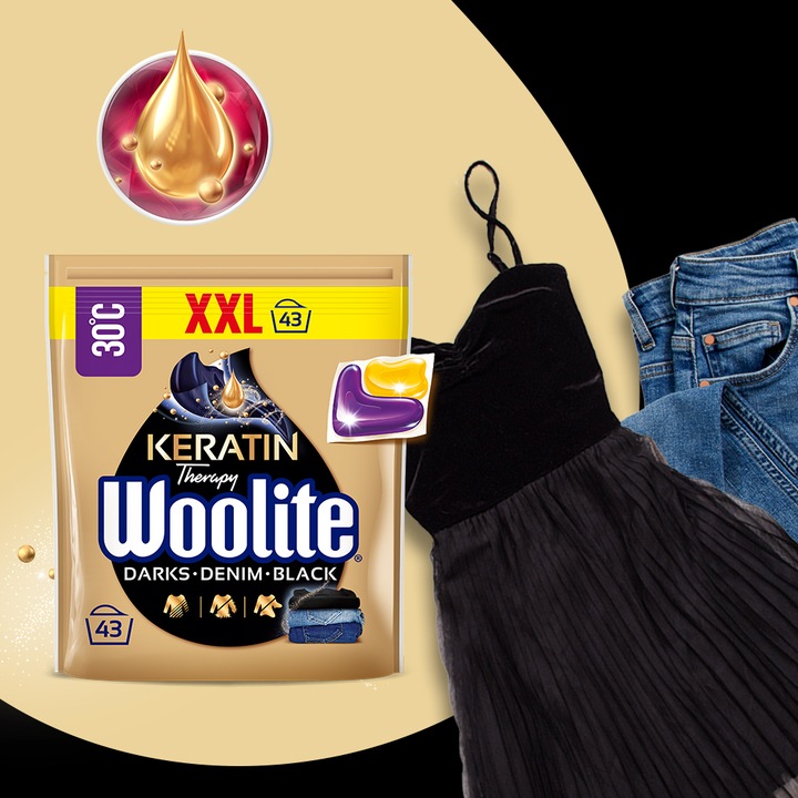 Woolite Kapsułki DoPrania Rzeczy Czarnych Ciemnych Jeans z Keratyną 43szt