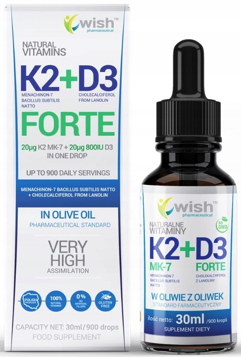 Wish naturalna witamina K2 MK-7 20mcg + D3 20mcg 800IU krople 30 ml