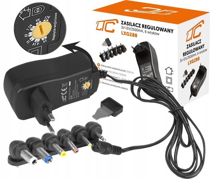 ZASILACZ UNIWERSALNY REGULOWANY DC 3-12V MOCNY 2.5A 30W 6 WTYKÓW