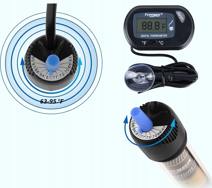 GRZAŁKA DO AKWARIUM 300W Z TERMONSTATEM + TERMOMETR LCD 150-300 LITRÓW