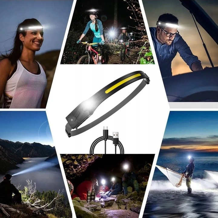 LATARKA CZOŁOWA CZOŁÓWKA LED NA GŁOWĘ LAMPKA AKUMULATOROWA COB CZUJNIK RUCH