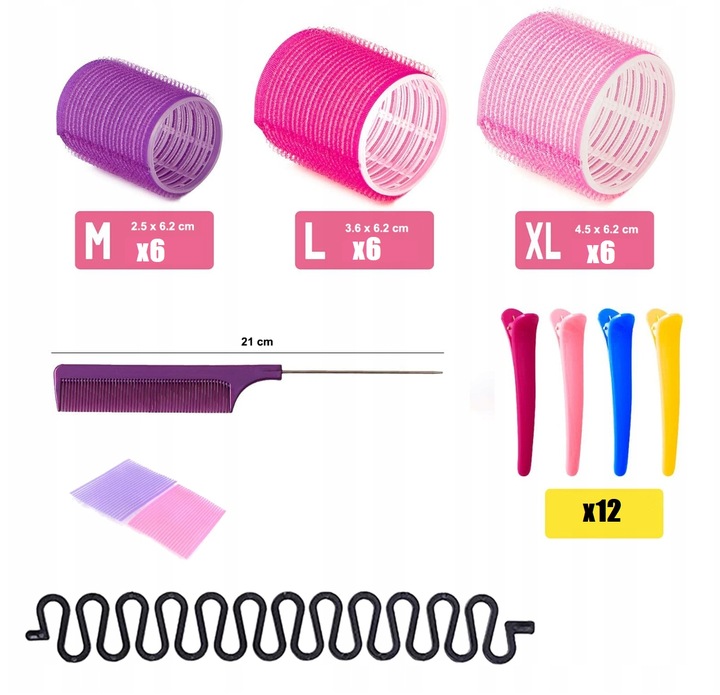 ZESTAW WAŁKI DO WŁOSÓW NA RZEPY DUŻO WAŁKÓW - 34 ELEMENTY