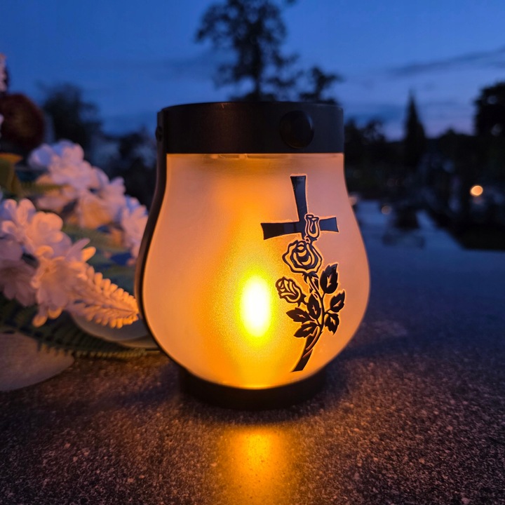 ZNICZ SOLARNY LED LAMPION NA GRÓB STATUETKA NA CMENTARZ RÓŻA KRZYŻ NAGROBNY