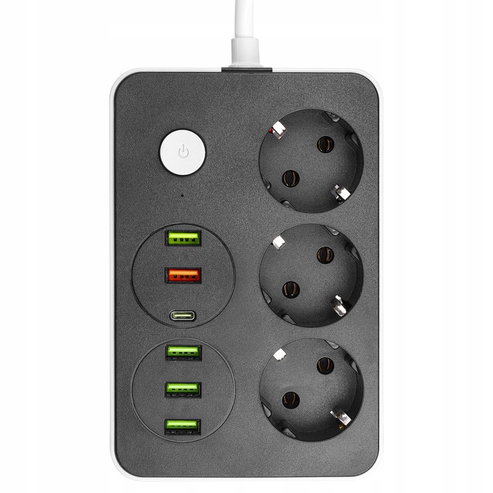 Przedłużacz listwa 2m zasilająca 6x USB UZIEMIENIE 3 GNIAZDA CZARNY 3x1MM