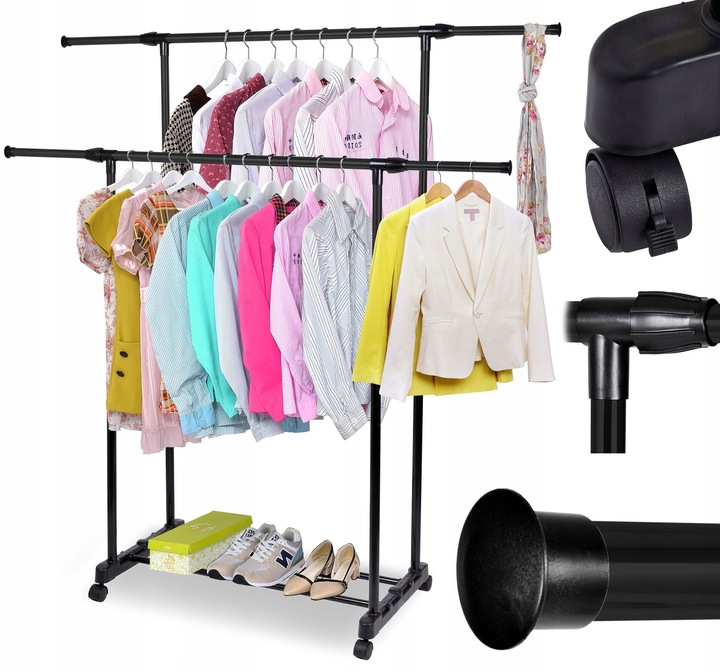 WIESZAK STOJĄCY NA KÓŁKACH PODWÓJNY REGULOWANY WYSUWANY UBRANIA STOJAK