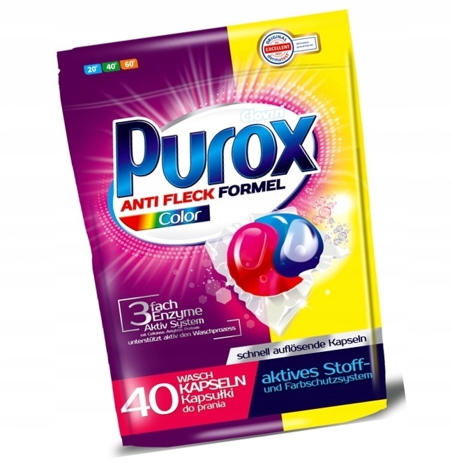 Kapsułki do prania PUROX KOLOR, usuwa zabrudzenia, chroni kolory, 40