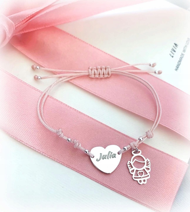 Pamiątka komunii, chrztu bransoletka grawer Aniołek Serce TWÓJ TEKST