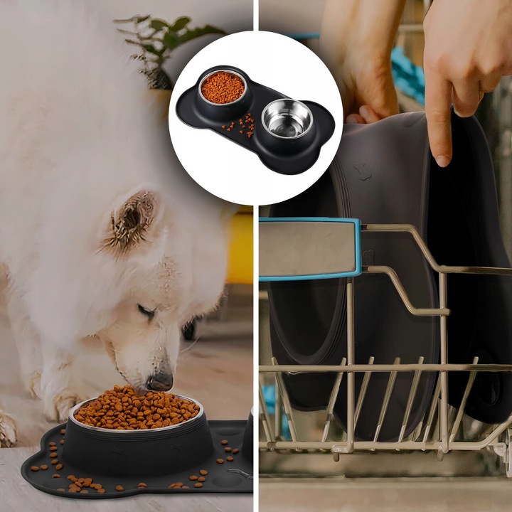 PODWÓJNA MISKA DLA PSA KOTA ANTYPOŚLIZGOWA + PODKŁADKA POD MISKI 2x450 ml