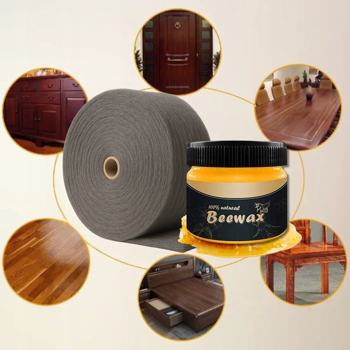 Zestaw do Polerowania Drewna Podłóg Mebli Wosk BeeWax + Wełna Stalowa