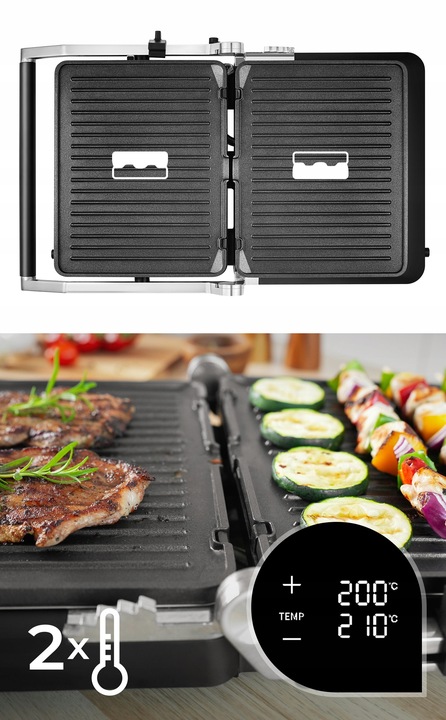 GRILL ELEKTRYCZNY OPIEKACZ ROZKŁADANY 6 PROGRAMÓW 2 TERMOSTATY 2000W