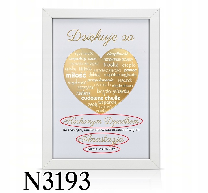 Podziękowania KOMUNIA Św DLA CHRZESTNYCH RAMKA 3D DZIADKÓW PREZENT obraz