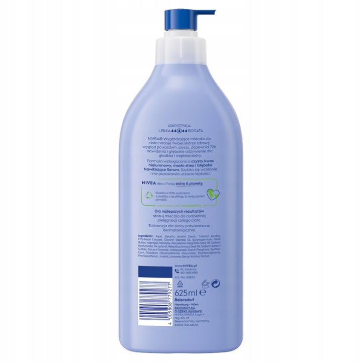 NIVEA Mleczko do ciała z pompką - wygładzające nawilżające - Balsam 625ml