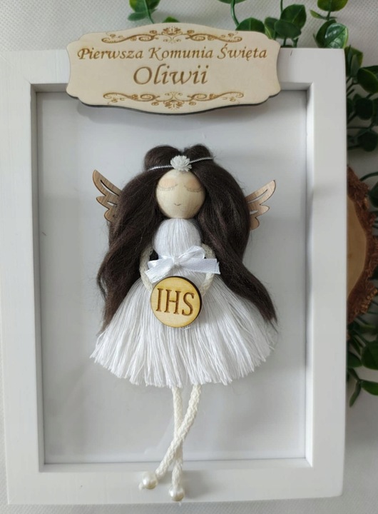 anioł stróż aniołek pamiątka w ramce komunia chrzest makrama urodziny