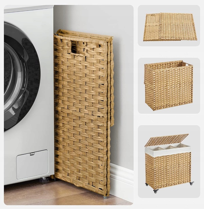 Kosz NA PRANIE pojemnik RATTAN naturalny NA KÓŁKACH 3 PRZEGRÓDKI 140L