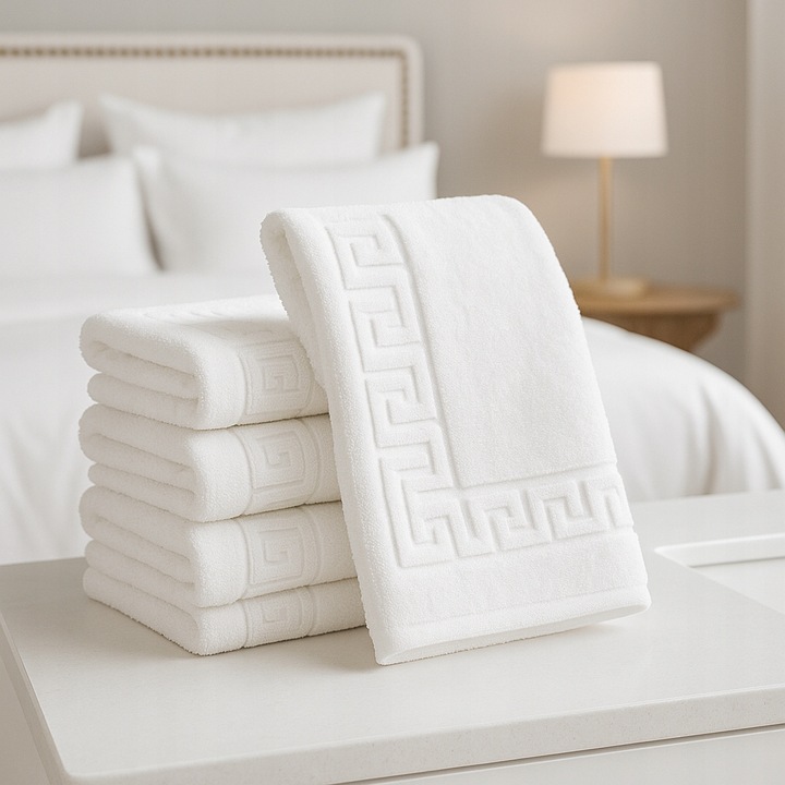 RĘCZNIK KĄPIELOWY BAWEŁNIANY FROTTE HOTELOWY WZÓR GRECKI BIAŁY 70x140