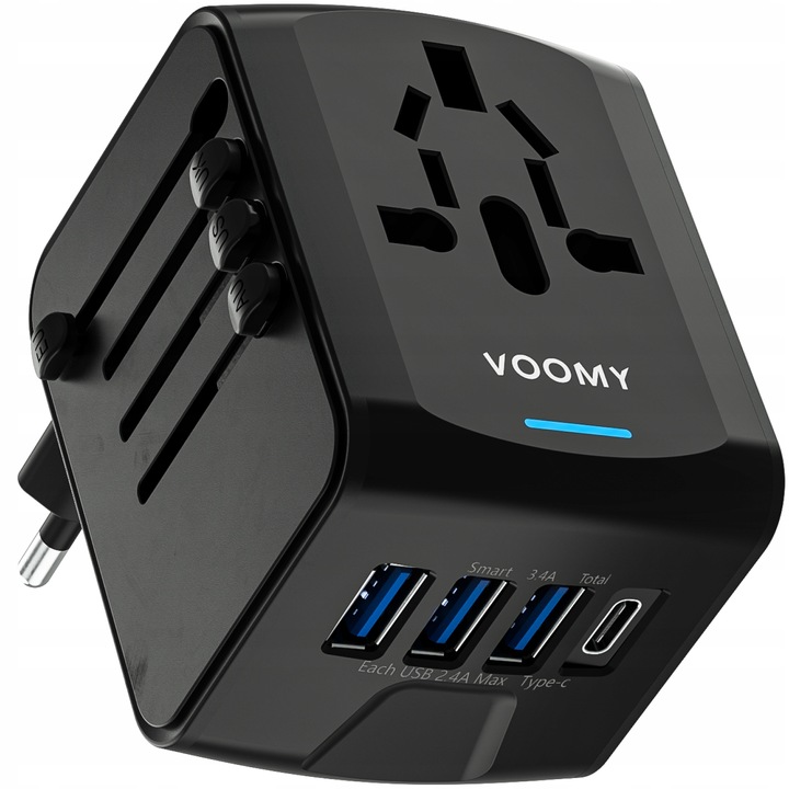 Wtyczka światowa VOOMY - 170+ krajów, 20W, 3 USB-A & 1 USB-C, Czarna