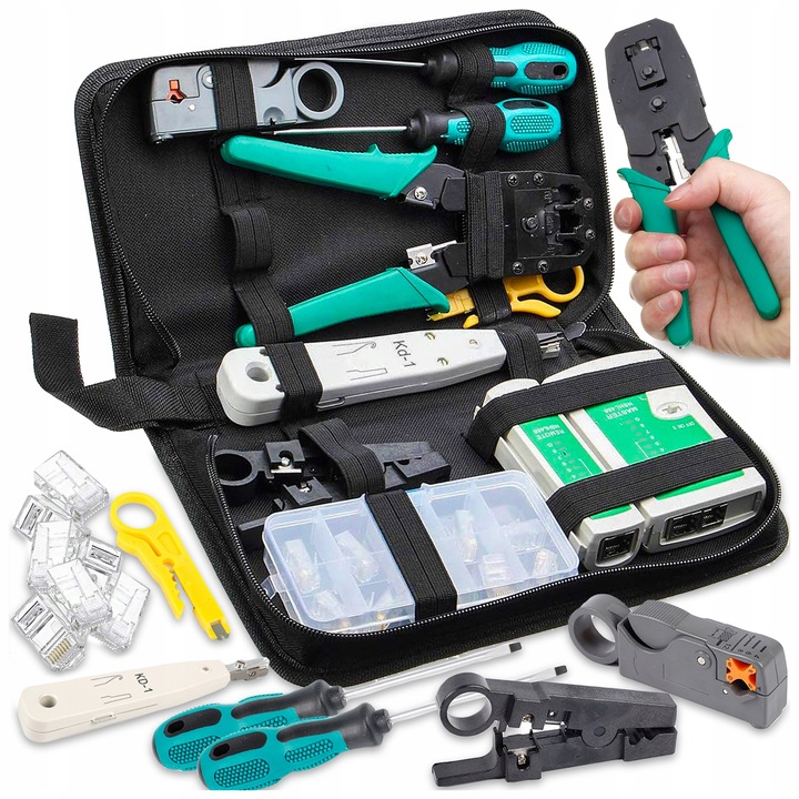 TESTER KABLI SIECIOWYCH RJ45 Przewodów Zaciskarka ZESTAW Sieci LAN ŚCIĄGACZ