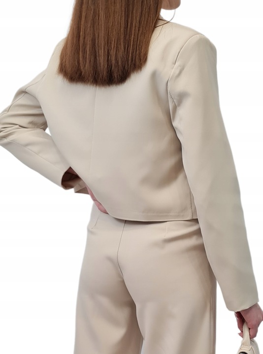 Modna MARYNARKA KRÓTKA Beżowa, Nowoczesny Żakiet Damski do Garnituru, r. L
