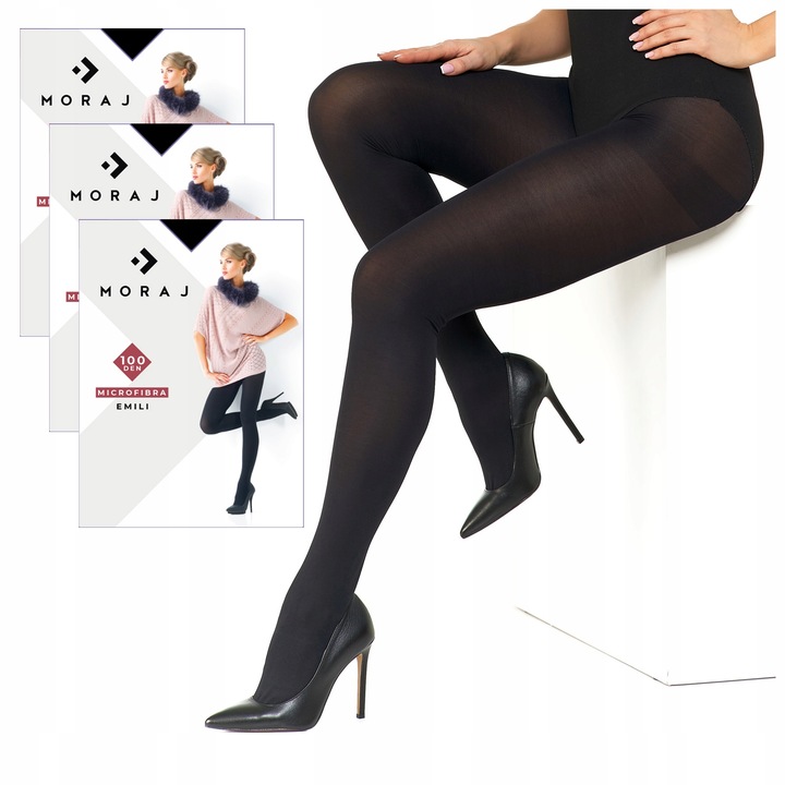 KRYJĄCE CZARNE RAJSTOPY 100 DEN GRUBE MIKROFIBRA BEZ WZORU MORAJ R.2 3-PAK