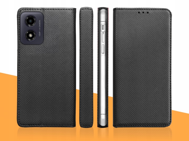ETUI Z KLAPKĄ DO Motorola Moto G04 / G24 / E14 CZARNE ZAMYKANE + SZKŁO 9H