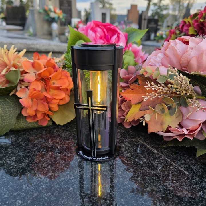 ZNICZ SOLARNY LED LAMPION NA GRÓB STATUETKA NA CMENTARZ Z KRZYŻEM