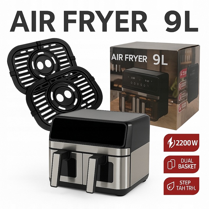 FRYTKOWNICA DWUKOMOROWA AIR FRYER 9L MOC 2000W BEZTŁUSZCZOWA 10