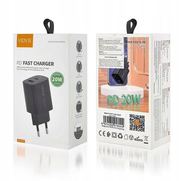 SZYBKA ŁADOWARKA SIECIOWA DO TELEFONU 2xUSB USB-C 20W PD QC 3.0 KABEL TYP C