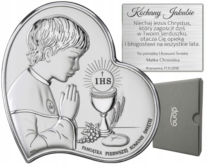 PAMIĄTKA KOMUNII ŚWIĘTEJ GRAWER OBRAZEK SREBRNY